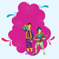 Cartoon Boy Holding Water Gun (Pichkari) with Backpack or Color Tank on Pink Mandala Pattern Background and Space for Your Message as a Happy Holi.
