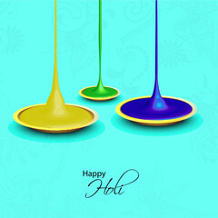 Indian festival of colours, Happy Holi Card or Poster Design with Liquid Color Filled Plate Illustration.
