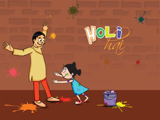 Cartoon Portrait of Young Man Playing Holi with Little Girl against Brown Brick Wall Background for Indian Festival of Colours Celebration Concept.