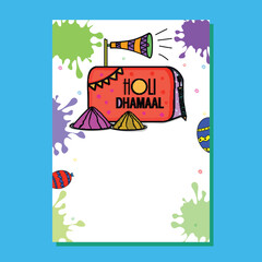 Holi Dhamaal Party Flyer Design with Paint Powder (Gulal) Filled Plates, Balloons, Megaphone on Splatter  Color Background.