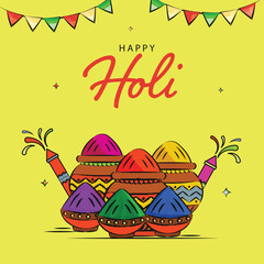 Happy Holi Celebration Concept with Shiny Colorful Paint Powder (Gulal) Filled Mud Pot, Water Gun (Pichkari) against Yellow Background. Can Be Used Design as a Greeting Card.