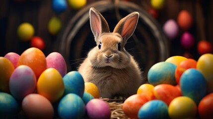 Fototapeta na wymiar Cute bunny or rabbit with colorful Easter eggs for happy Easter day celebration banner background. Created with Generative AI