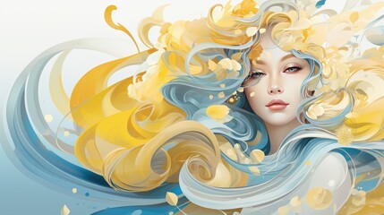 Fashion portrait of a beautiful woman with yellow long blond hair and blue dress.