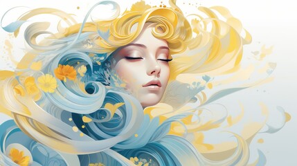 Fashion portrait of a beautiful woman with yellow long blond hair and blue dress.