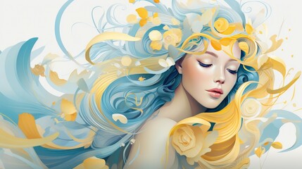 Fashion portrait of a beautiful woman with yellow long blond hair and blue dress.