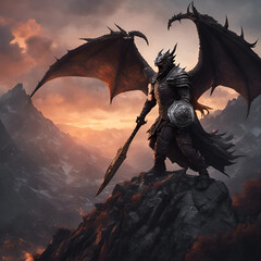 Naklejka premium Fantasy villain with dragon wings with a shield and sword in armor on volcanic mountain top at sunset and dramatic sky background