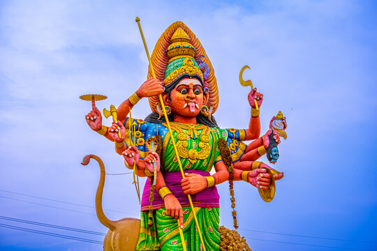 The Biggest Statue of Hindu God Amman, Parasathamman Temple, Thaiyur Village, Near Kelambakkam, Tamilnadu - God and Devotional Scenario Image.