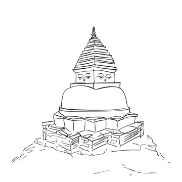recommend clip art: Tibetan Buddhist stupa hand drawn vector illustration, Buddhism religious symbol isolated freehand line sketch