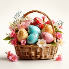 Fototapeta na wymiar Easter wicker basket with colorful painted eggs, isolated, egg hunt, Happy Easter banner background