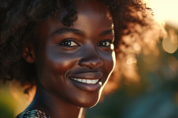 Beautiful African woman with curly hair and perfect smile.