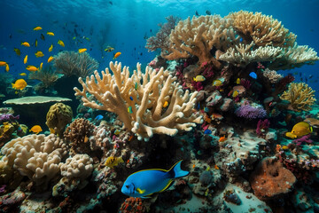 A scene of underwater coral reefs and colorful tropical fishes