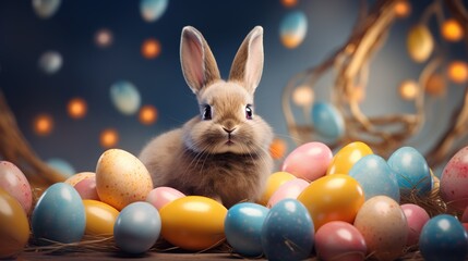 Cute bunny or rabbit with colorful Easter eggs for happy Easter day celebration banner background. Created with Generative AI