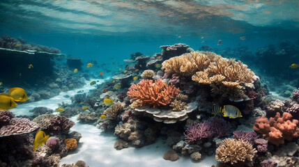 Underwater coral reefs with colorful tropical fishes