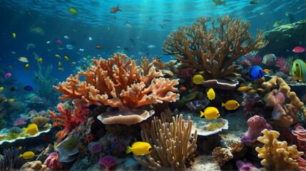 Naklejka na ściany i meble Underwater coral reefs with tropical colorful fishes