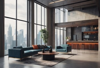 Big empty modern kitchen and living room wooden table, big couch and big windows