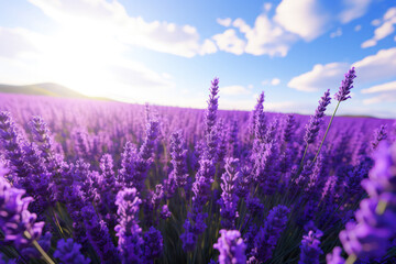 Fototapeta premium A captivating view of vibrant lavender flowers basking in the warm glow of the setting sun
