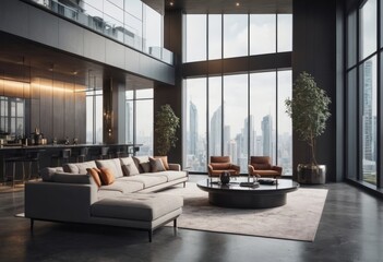 Big empty modern kitchen and living room wooden table, big couch and big windows