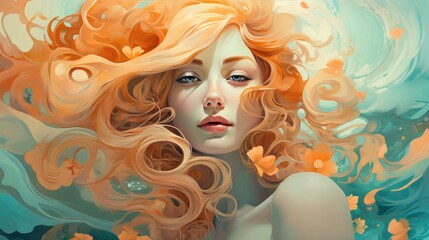 Portrait of a beautiful young woman with long curly hair. Portrait of a beautiful girl with curls and flowers in her hair