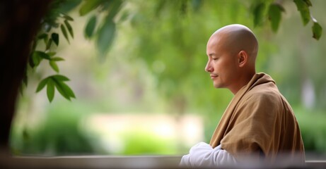 Monk meditating in a tranquil monastery garden, embodying peace and wisdom."