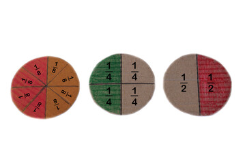 Math teaching materials about fraction. Circle paper to show parts of color separation, white background. Concept, education. DIY craft as teaching aid in Math subject.               