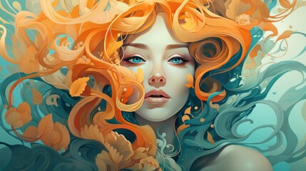 Beautiful young woman with orange hair and flowers in her hair. Beauty, fashion