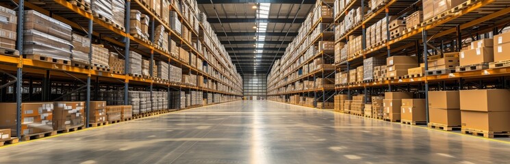 An expansive distribution warehouse with towering shelves, showcasing the scale and efficiency of a massive storage facility ready for handling and dispatching a diverse range of goods