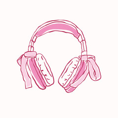 Pink headphones vector. Hand drawn pink bow of coquette soft style