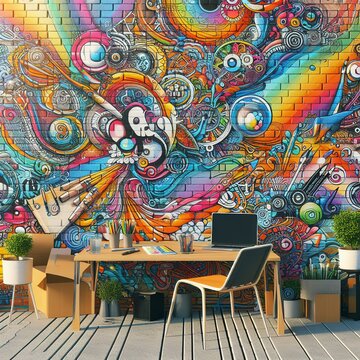 Graffiti brick wall, colorful background