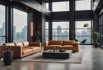 Fototapeta premium Big empty modern kitchen and living room wooden table, big couch and big windows