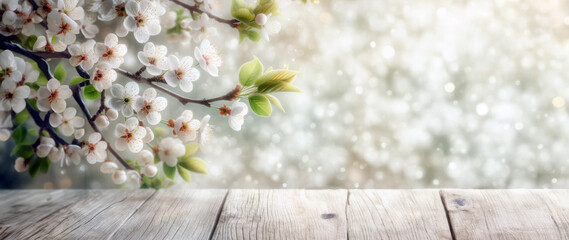 Spring banner with white cherry blossoms above wooden table, Easter mock up