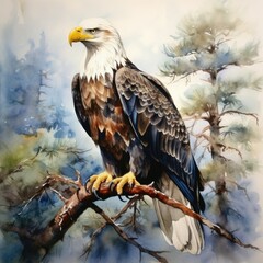 Majestic bald eagle on a branch - detailed watercolor illustration