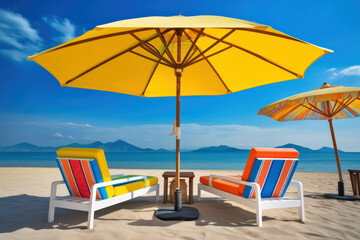 Multicolored umbrella and two striped deck chairs on a sunny sandy beach overlooking a calm blue sea