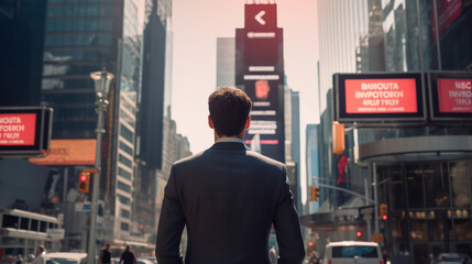 Rear view of a businessman in a suit amidst a bustling urban cityscape