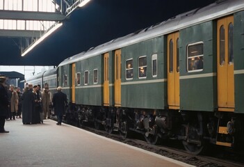 Obraz premium Retro steam train departs from the railway station at sunset.