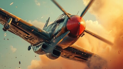 Vintage fighter plane. Photo of a fighter plane with a colored background taken during World War II - obrazy, fototapety, plakaty
