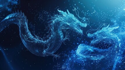Abstract flying dragons on a dark blue background. Technological background for design on the topic of artificial intelligence, neural networks, big data. Copy space  - obrazy, fototapety, plakaty