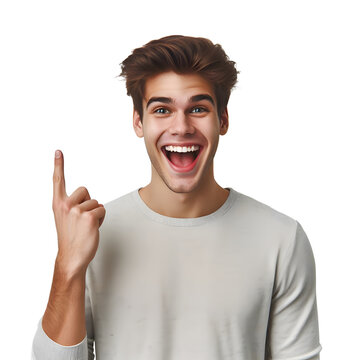 A young male model looks straight and points upwards., marketing shirt, transparent background PNG