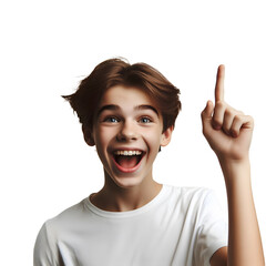 The male model looked up and pointed up.marketing shirt, transparent background PNG