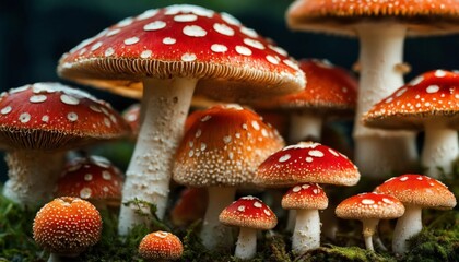 Obraz premium Beautiful fly agaric mushrooms closeup on a forest background. Amanitas macro photo. Toadstools trendy composition. Wide screen wallpaper, for design and banners.