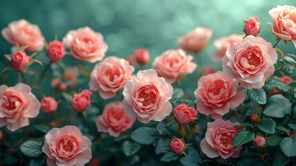 Lush Pink Rose Garden Blossoming on Teal Ethereal Botanical Backdrop - obrazy, fototapety, plakaty