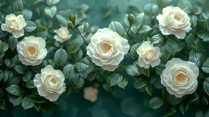 Delicate White Roses with Detailed Petals on Deep Green Background