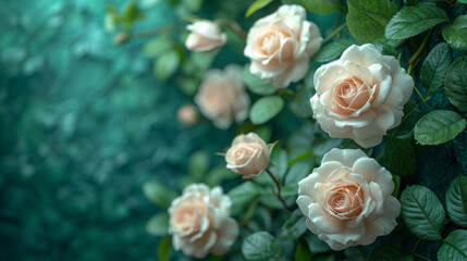 Obraz na płótnie Canvas Serene Cream Roses with Lush Green Leaves on Dark Background