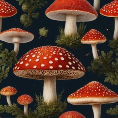 Beautiful fly agaric mushrooms isolated on a navy blue background pattern. Amanitas fashion art. Toadstools trendy composition. Wide screen wallpaper, for design and banners.