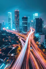 Fototapeta na wymiar Stunning City View of Futuristic Skyline at Night, Skyscrapers with flashing lights and Car Traffic Flow on Main road, Aerial Hyperlapse Time Lapse, Drone View