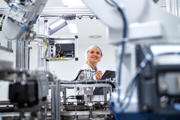 Female engineering technologist controlling automated guided system and robotic arm manufacturing equipment inside factory.