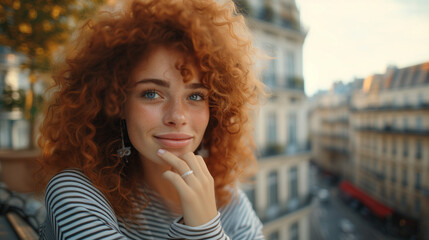 Redhead woman at a balcony in Paris - obrazy, fototapety, plakaty