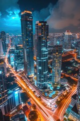 Fototapeta na wymiar Stunning City View of Futuristic Skyline at Night, Skyscrapers with flashing lights and Car Traffic Flow on Main road, Aerial Hyperlapse Time Lapse, Drone View