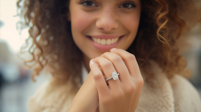 Young woman proudly showing wedding ring