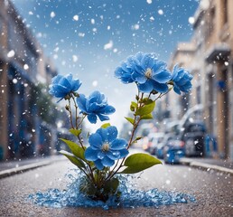 Beautiful blue flowers on the street under the snowfall. Winter background