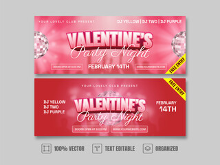 Valentine’s Party Night Banner Design with Text Effect and Pink Red Gradient Background.